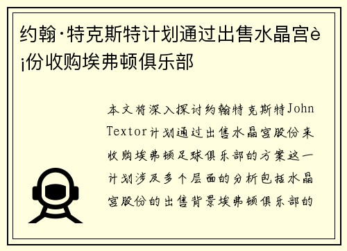 约翰·特克斯特计划通过出售水晶宫股份收购埃弗顿俱乐部